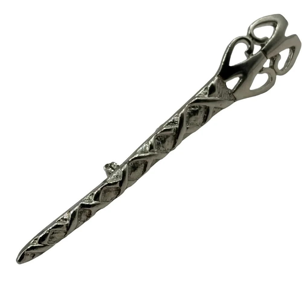 Vintage Art Nouveau Revival Bar Brooch‎ Ornate Silver Tone Textured Open Work